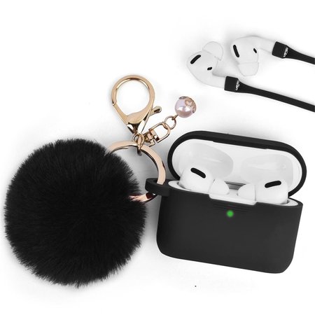 IPHONE iPhone CAAPR-FURB-BK Furbulous Collection 3 in 1 Thick Silicone TPU Case with Fur Ball Ornament Key Chain & Strap for Airpods Pro - Black CAAPR-FURB-BK